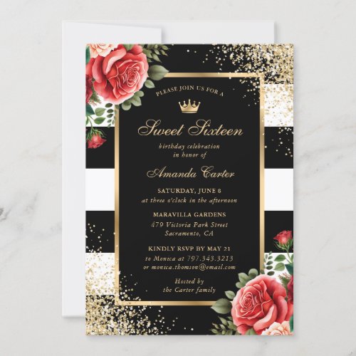 Red Roses Black Gold Sweet Sixteen Birthday Invitation