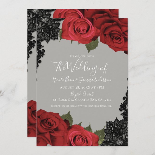 Red Roses & Black Lace Grey Chic Wedding Invitation (Front/Back)