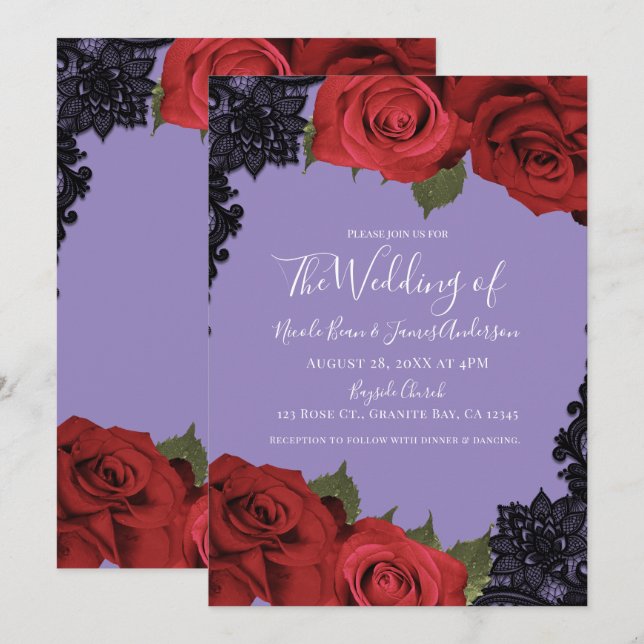 Red Roses & Black Lace Purple Chic Wedding    Invitation (Front/Back)