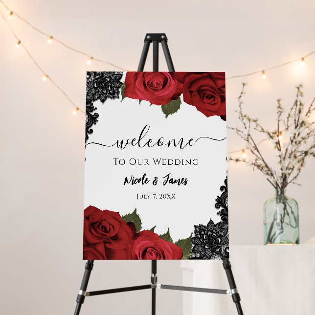 Red Roses & Black Lace Wedding Welcome Sign  (In Situ (Stand))