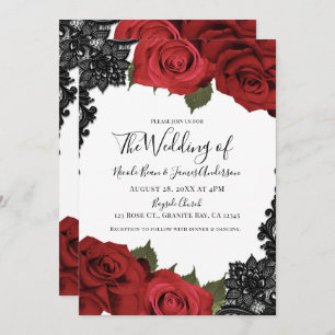Red Roses & Black Lace White Chic Wedding  Invitation
