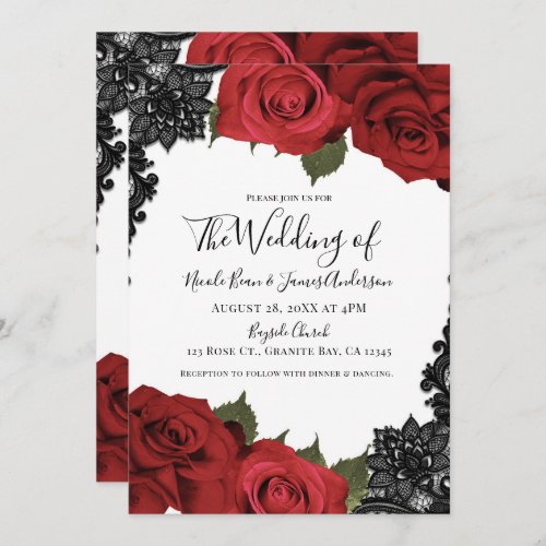 Red Roses  Black Lace White Chic Wedding  Invitation