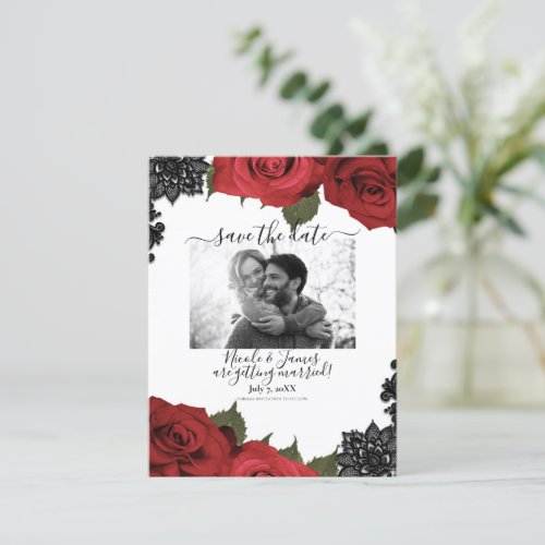 Red Roses Black Lace White Wedding Save the Date  Invitation