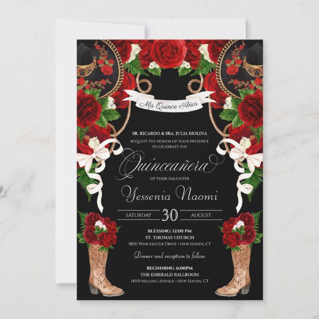 Red Roses & Black Mariachi/Charro Quinceanera Invitation (Front)