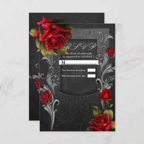 Red Roses Black Ornate Glam Wedding RSVP Reply   Invitation