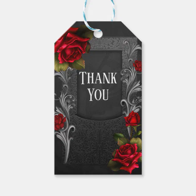 Red Roses Black Ornate Gothic Wedding Favor Gift Tags | Zazzle