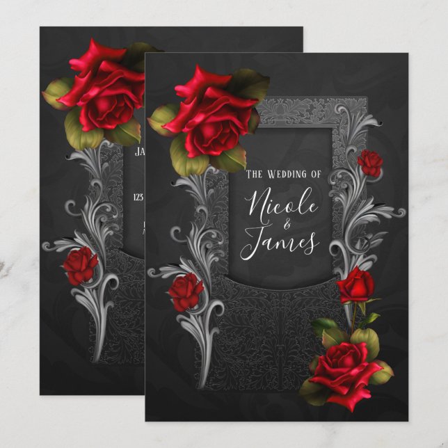 Red Roses Black Ornate Gothic Wedding Invitation (Front/Back)