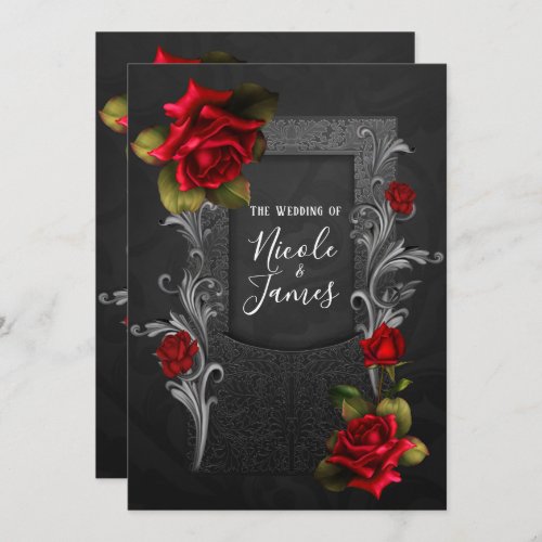 Red Roses Black Ornate Gothic Wedding Invitation
