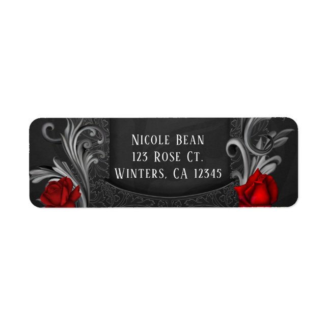 Red Roses Black Ornate Gothic Wedding Label (Front)