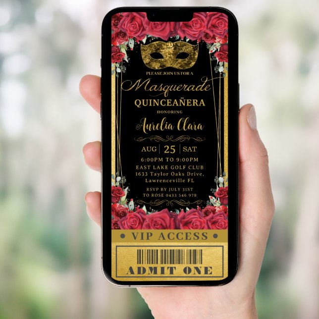 Red Roses Black Quinceañera Masquerade VIP Ticket Invitation (Front Digital)