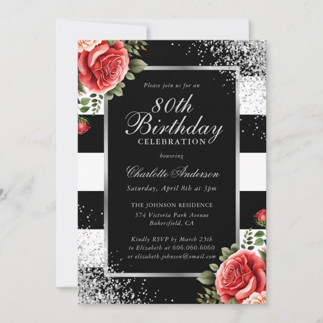 Red Roses Black Silver Confetti 80th Birthday Invitation (Front)