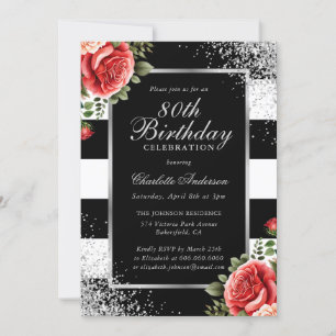 Red Roses Black Silver Confetti 80th Birthday Invitation