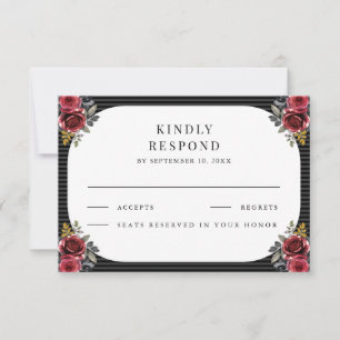 Red Roses Black Stripes Gothic Wedding RSVP Card