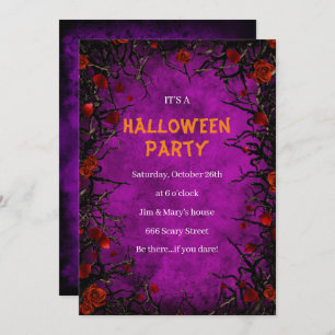 Red Roses Black Vines Purple Parchment Halloween Invitation