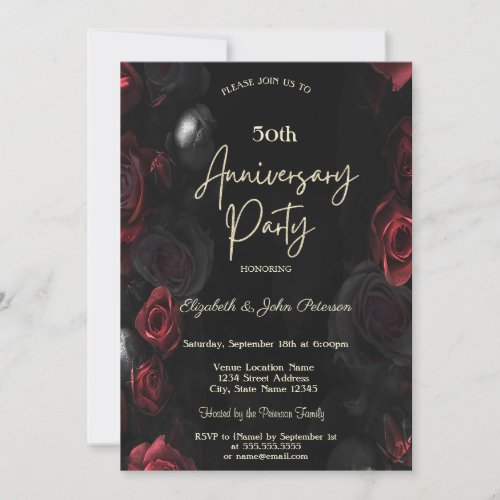  Red Roses Black Wedding Anniversary Invitation