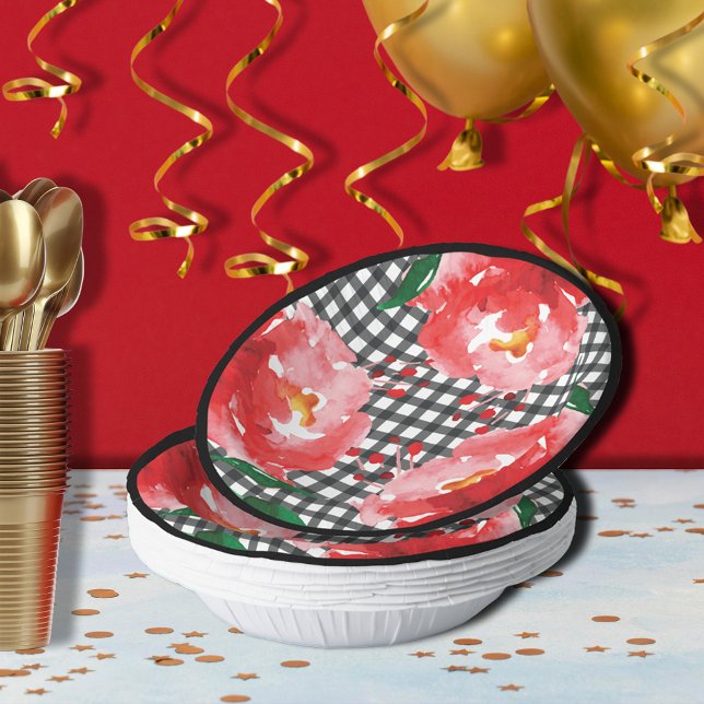 Red Roses Black White Gingham Paper Bowls (Red roses on black and white gingham paper bowls)