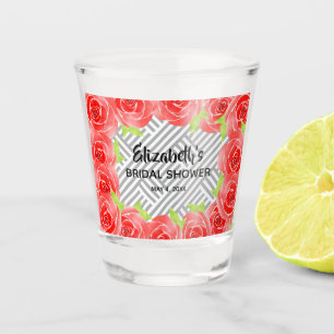 Red Roses Black White Stripes Derby Bridal Shower Shot Glass