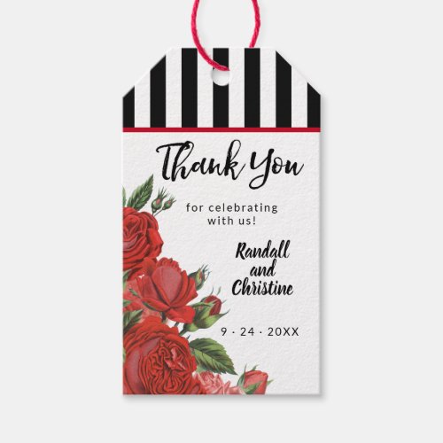 Red Roses  Black White Stripes  Derby Thank You Gift Tags