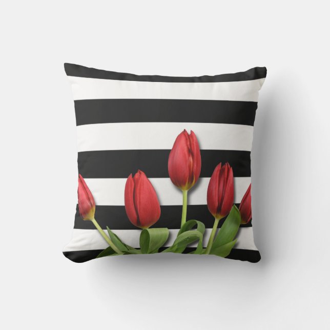 Red Roses & Black White Stripes Design Outdoor Pillow (Front)