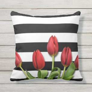 Red Roses & Black White Stripes Design Outdoor Pillow