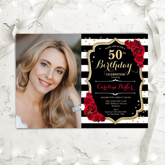 Red Roses Black White Stripes Photo 50th Birthday Invitation (Creator Uploaded)