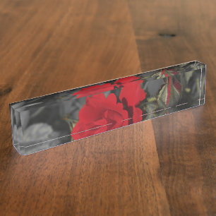 red roses bloom scroll on dark gray nameplate