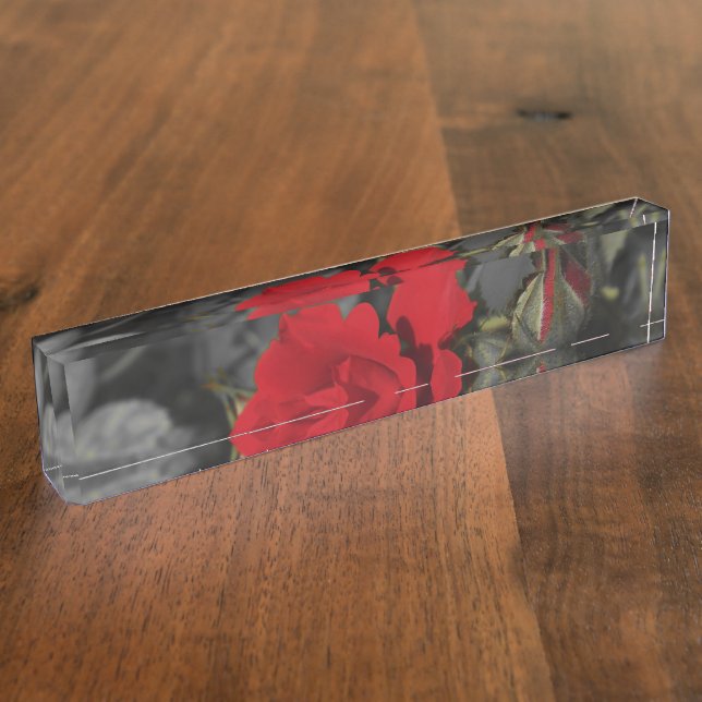 red roses bloom scroll on dark gray nameplate (Side)