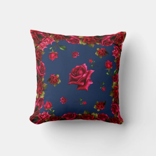 Red Roses Blue Shabby Chic Floral Glam Throw Pillow