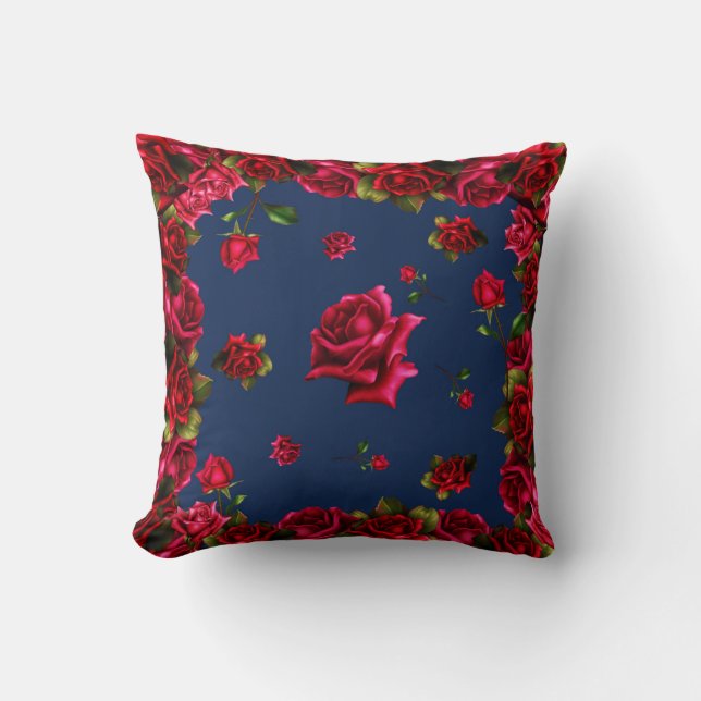 Red Roses Blue Shabby Chic Floral Glam Throw Pillow (Front)