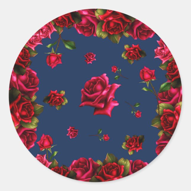 Red Roses Blue Shabby Chic Wedding Party Favor Classic Round Sticker (Front)