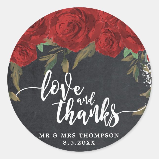 red roses boho love and thanks sticker favors (Front)