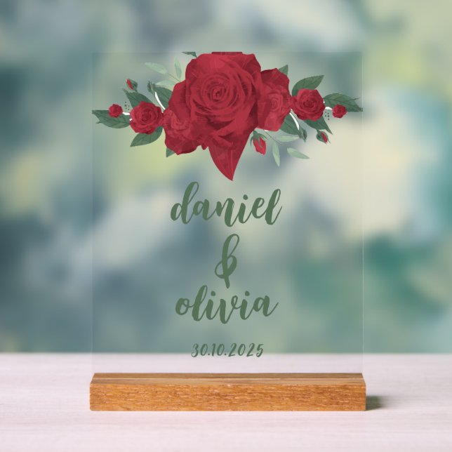 Red Roses Boho Wedding Acrylic Sign (Neutral)