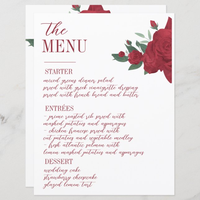 Red Roses Boho Wedding Menu (Front/Back)