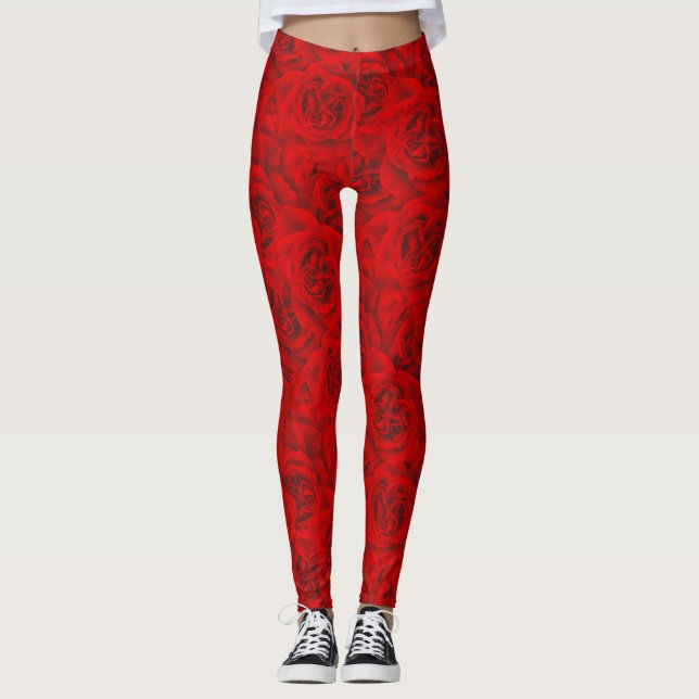 Red Roses Bold Elegant Pattern Floral Hype Rose Leggings (Front)
