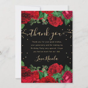 Red Roses Border Floral Birthday Thank You Card