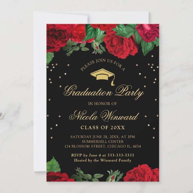 Red Roses Border Floral Graduation Invitation (Front)