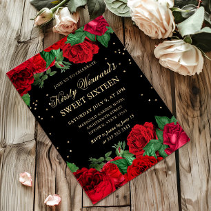 Red Roses Border Floral Sweet Sixteen Invitation
