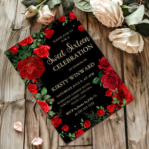 Red Roses Border Floral Sweet Sixteen Invitation