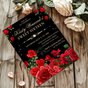 Red Roses Border Floral Sweet Sixteen Invitation