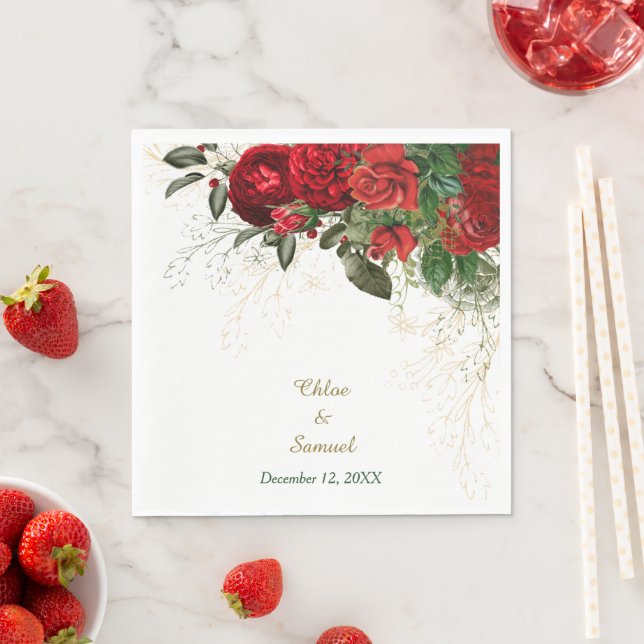 Red Roses Border Floral Wedding Napkins (Insitu)