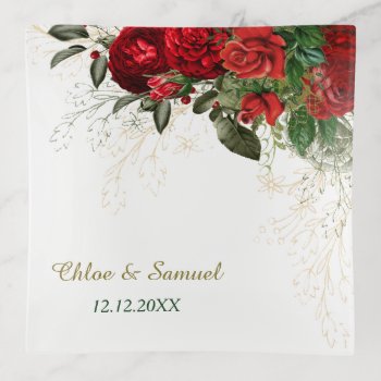 Red Roses Border Floral Wedding Trinket Tray by AvenueCentral at Zazzle