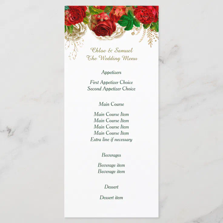 Red Roses Border Wedding Menu | Zazzle