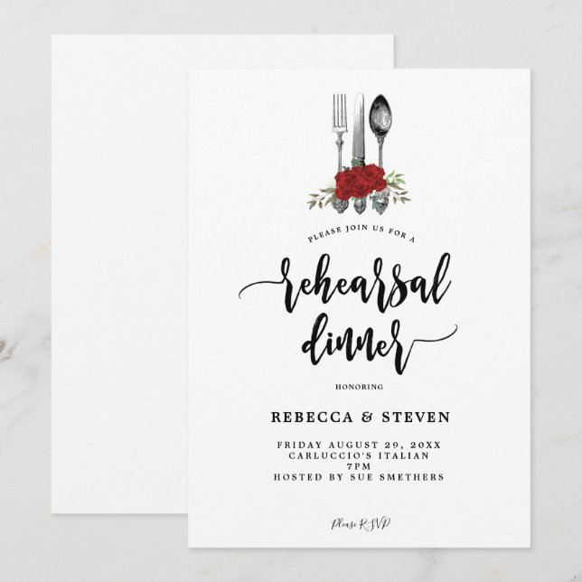 red roses botanical rehearsal dinner invitation (Front/Back)