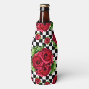 Red Roses Bouquet Floral Love Rockabilly Checkered Bottle Cooler