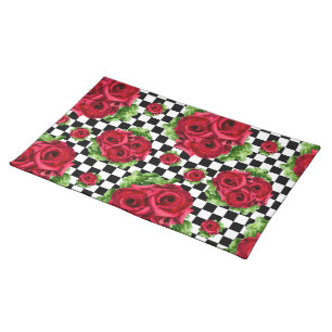 Red Roses Bouquet Floral Love Rockabilly Checkered Cloth Placemat