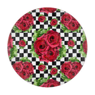 Red Roses Bouquet Floral Love Rockabilly Checkered Cutting Board