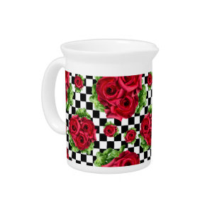 Red Roses Bouquet Floral Love Rockabilly Checkered Drink Pitcher