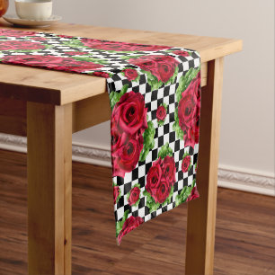 Red Roses Bouquet Floral Love Rockabilly Checkered Medium Table Runner