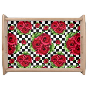 Red Roses Bouquet Floral Love Rockabilly Checkered Serving Tray