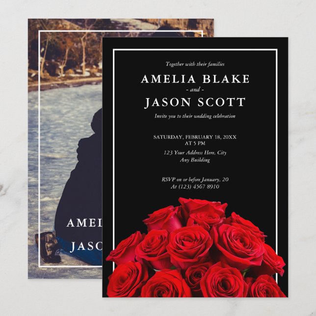 Red Roses Bouquet on Black Wedding Invitation (Front/Back)